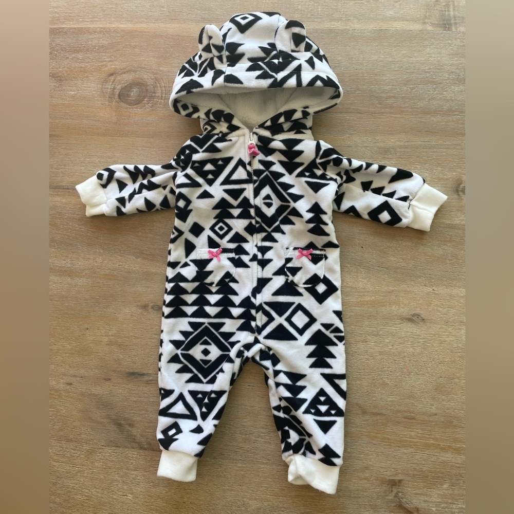 NB Carter’s Hooded Fleece Zip Up Jumpsuit - Aztec Black and White Print